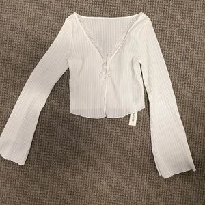 Commense White Ribbed Blouse with Lace Detail